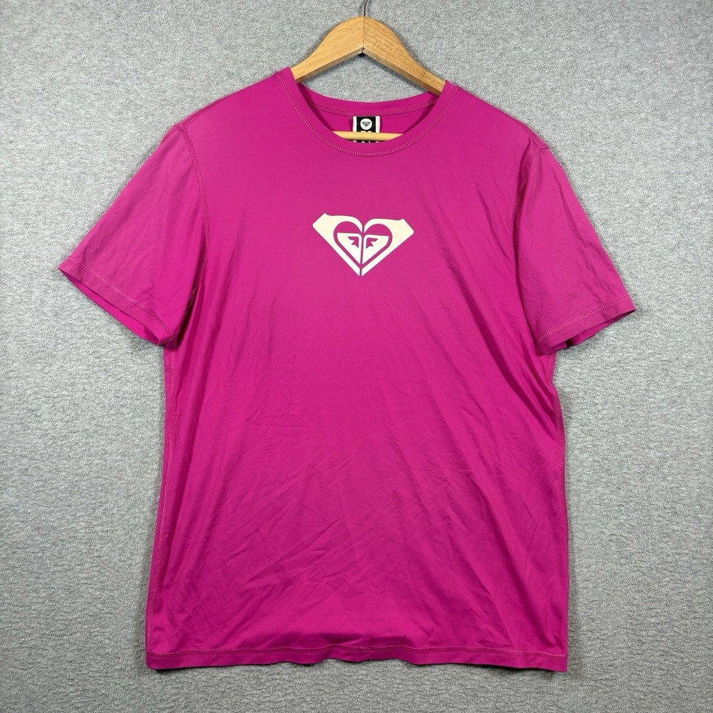 Roxy Womens Pink Rash Guard Swim Shirt Logo Surf Top Size L UPF 50 Y2K Nylon